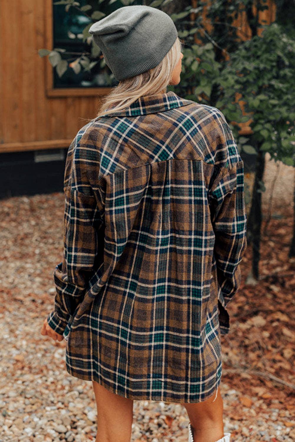 Brown Plaid Print Chest Pockets Buttoned Shirt