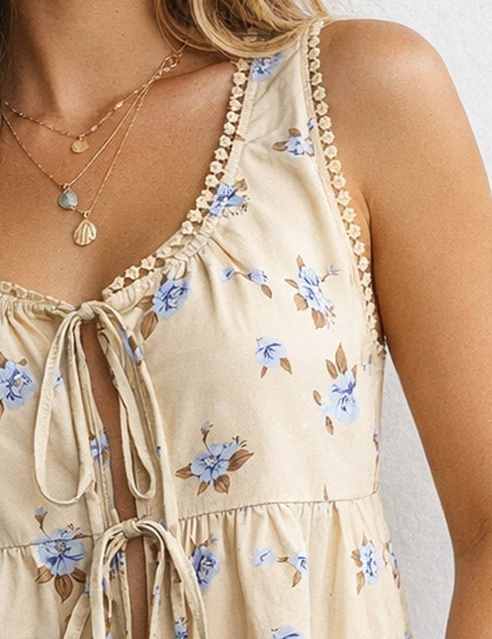 Boho Floral Print Tie Front Scoop Neck Sleeveless Top