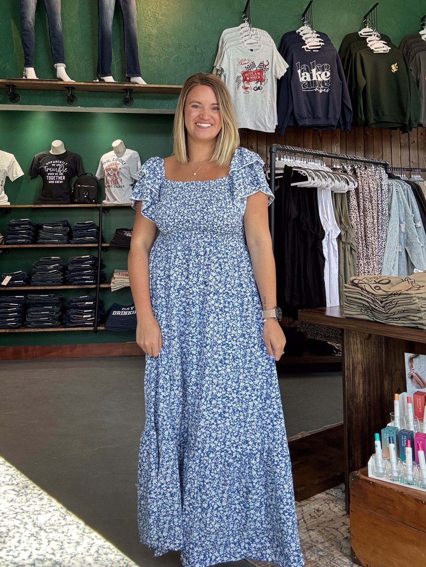 Floral Square Neck Smocked Short Sleeve Maxi Summer Dress