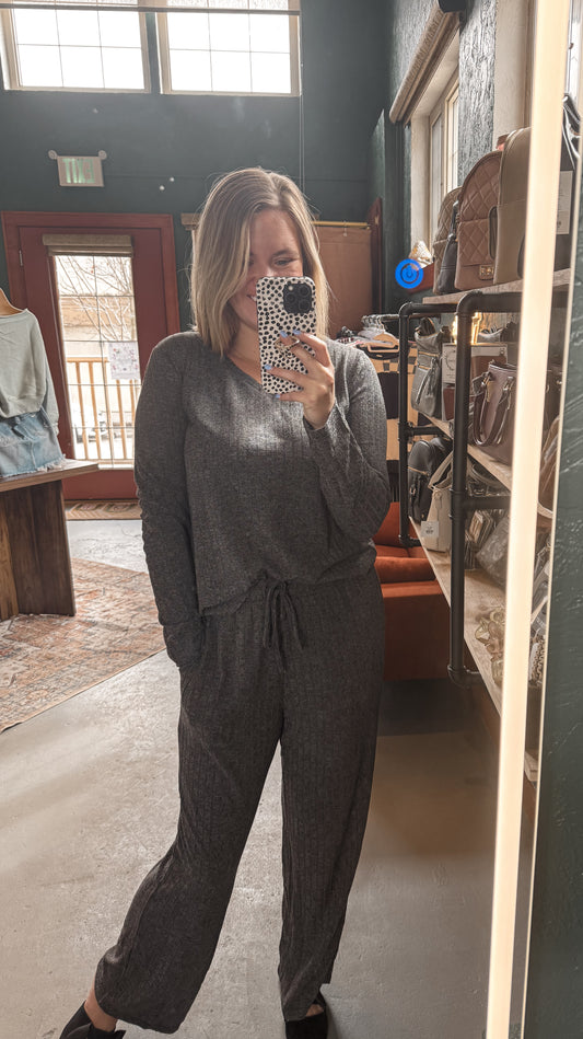 Ribbed Knit Lounge Set with V Neck and Wide Pants