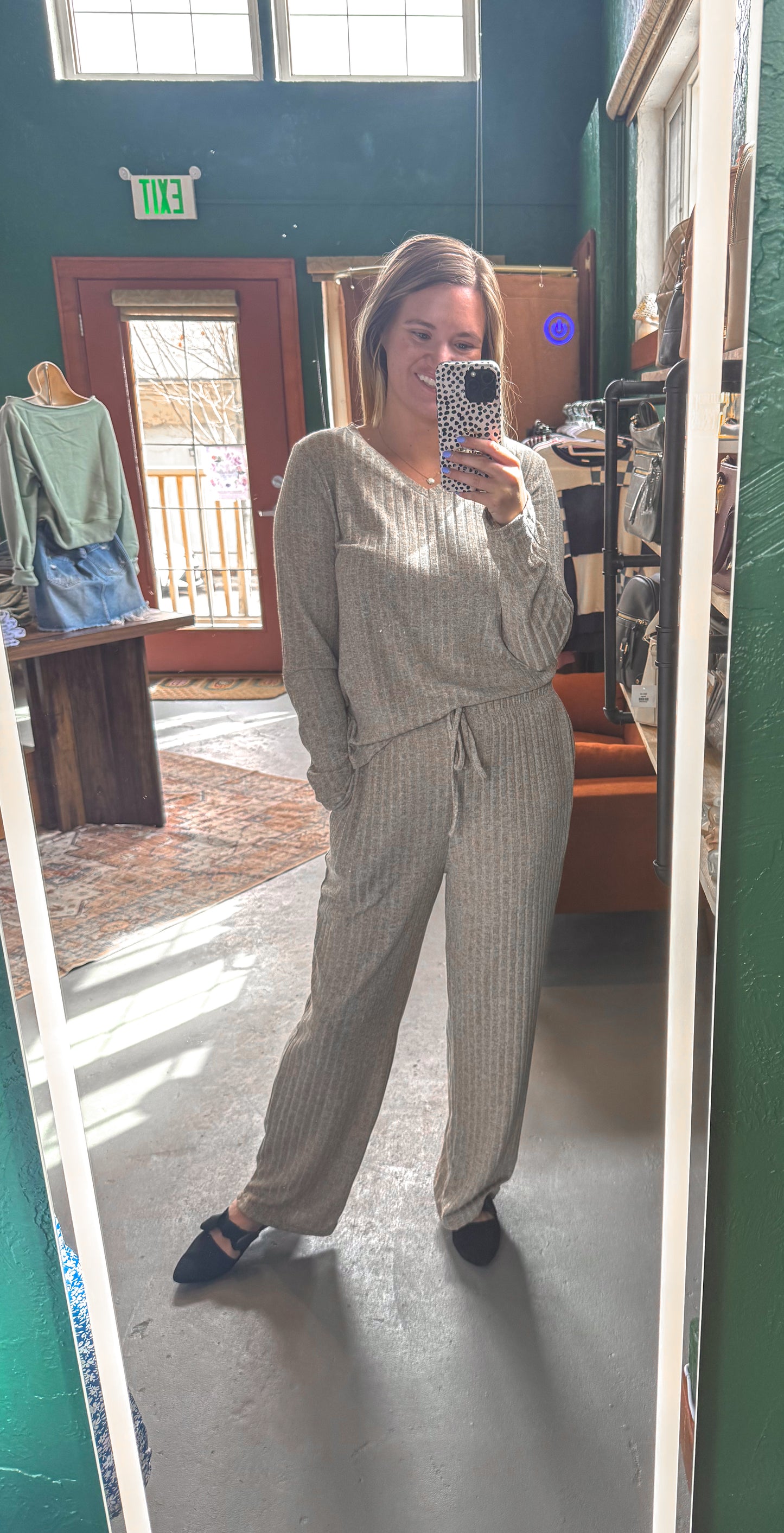 Ribbed Knit Lounge Set with V Neck and Wide Pants