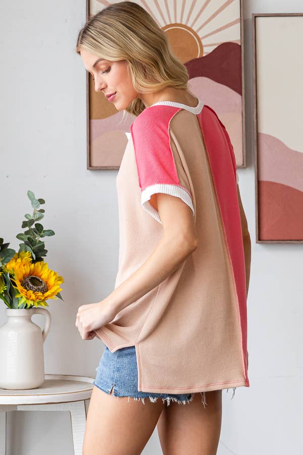 Ribbed Color Block Button Tee