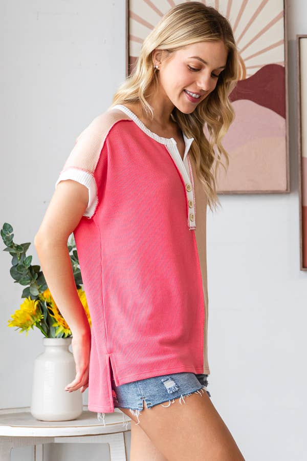 Ribbed Color Block Button Tee