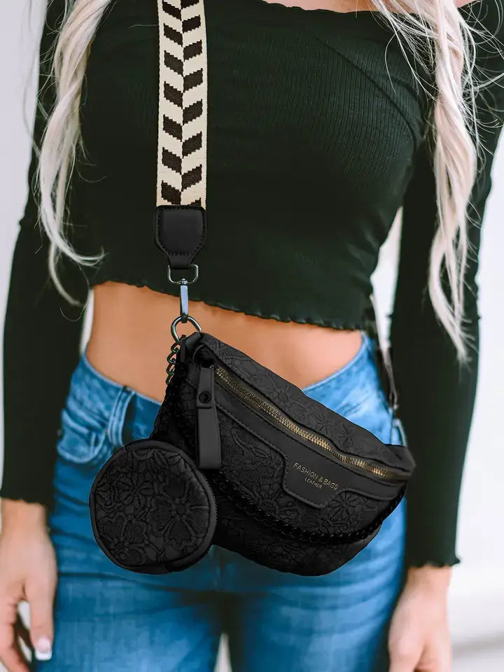Boho Colorblock Strap Shoulder Bag with Chain & Coin Pouch