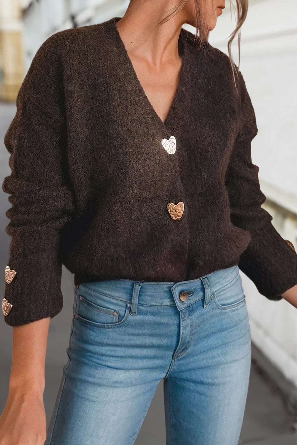 Heart Metal Button V Neck Sweater Cardigan