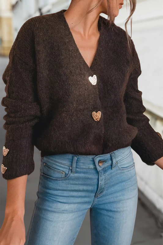 Heart Metal Button V Neck Sweater Cardigan