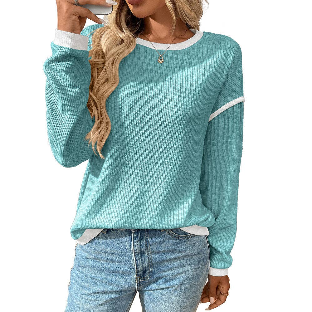 Colorblock Crewneck Knit Look Long Sleeve Pullover Top