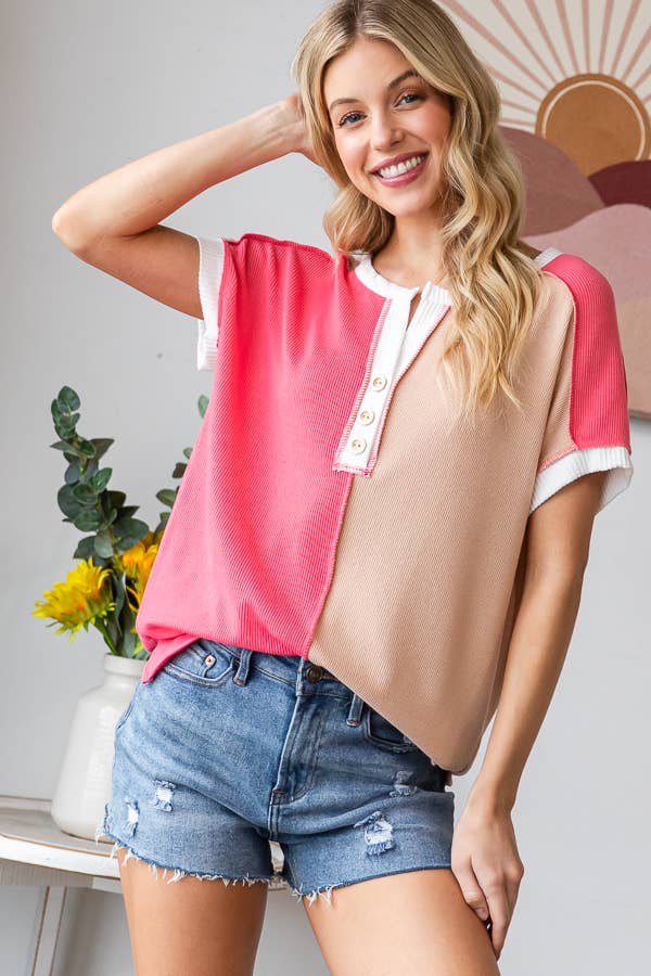 Ribbed Color Block Button Tee