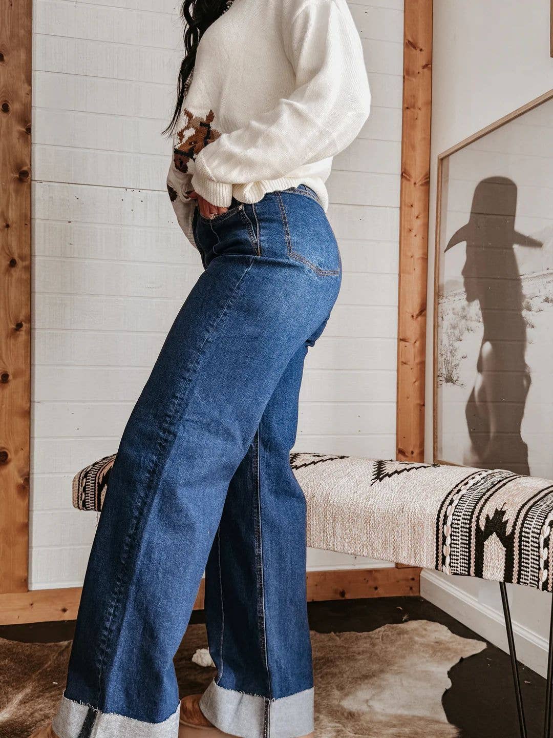 Women Retro Turn-Up Hem Wide-Leg Front Seam Jeans