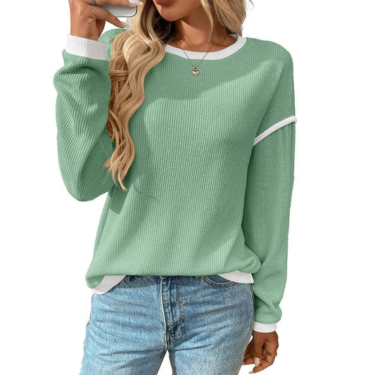 Colorblock Crewneck Knit Look Long Sleeve Pullover Top