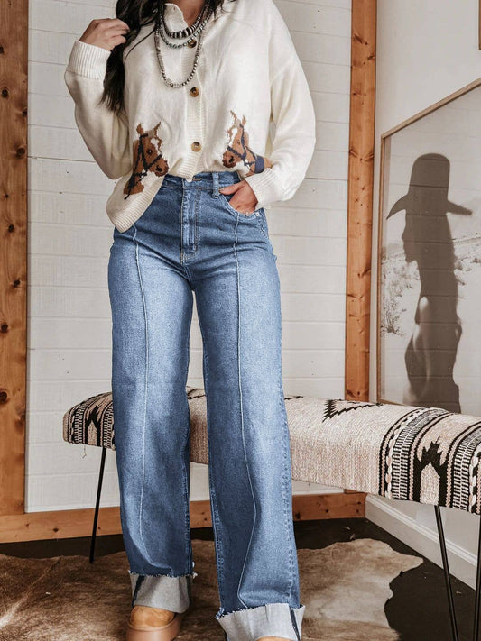 Women Retro Turn-Up Hem Wide-Leg Front Seam Jeans