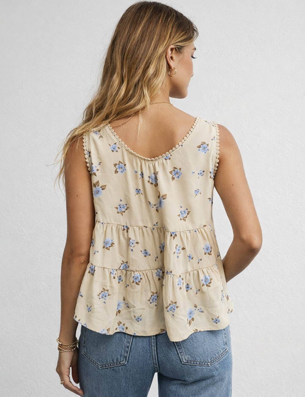 Boho Floral Print Tie Front Scoop Neck Sleeveless Top