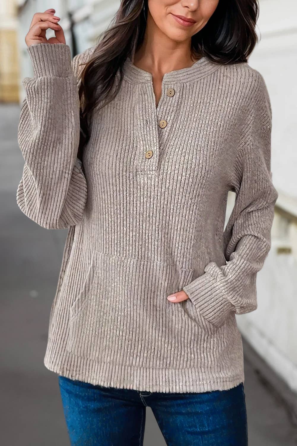 Ribbed Texture Drop Shoulder Henley Knit Top