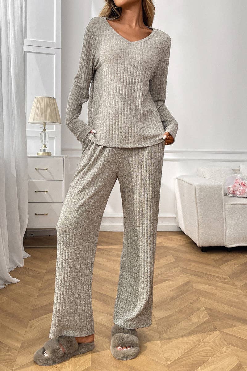 Ribbed Knit Lounge Set with V Neck and Wide Pants