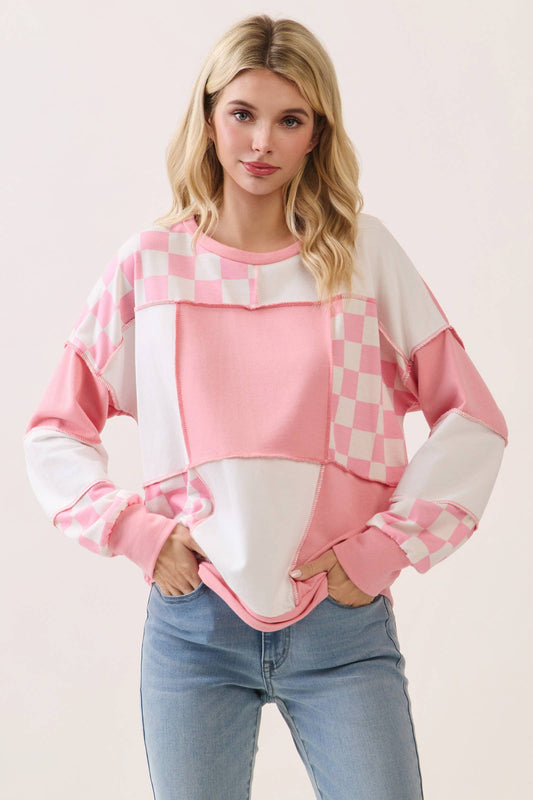 Checkered Print Patchwork Pullover