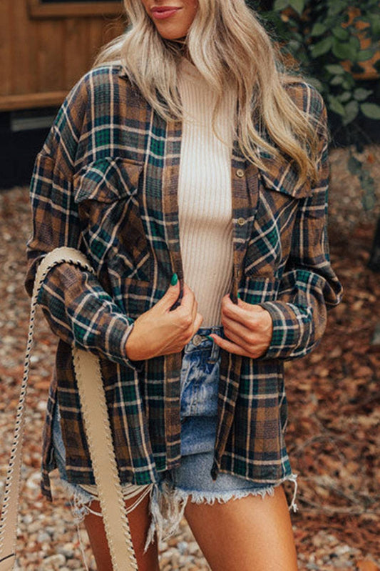 Brown Plaid Print Chest Pockets Buttoned Shirt