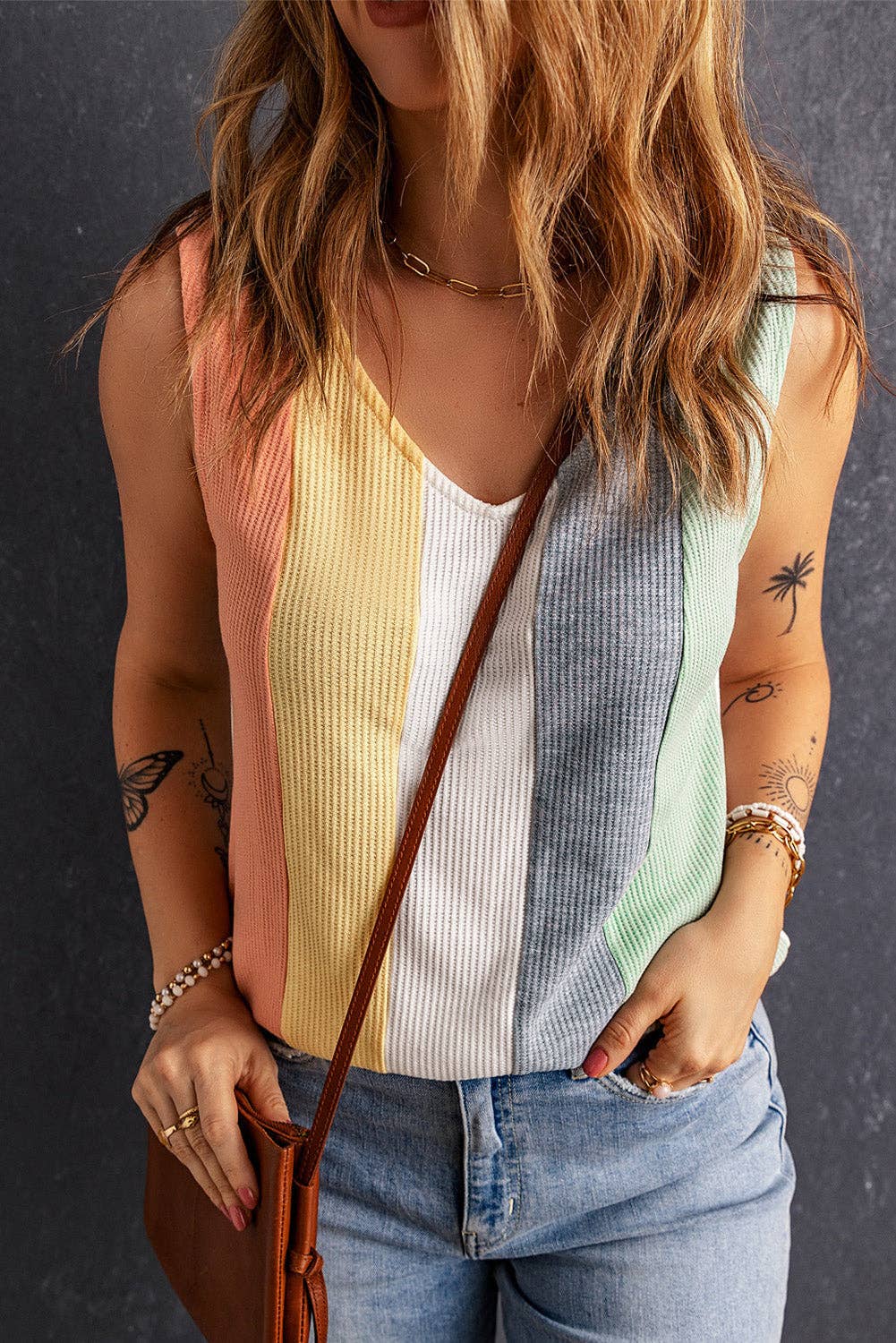 Multicolor Color Block V-Neck Tank Top