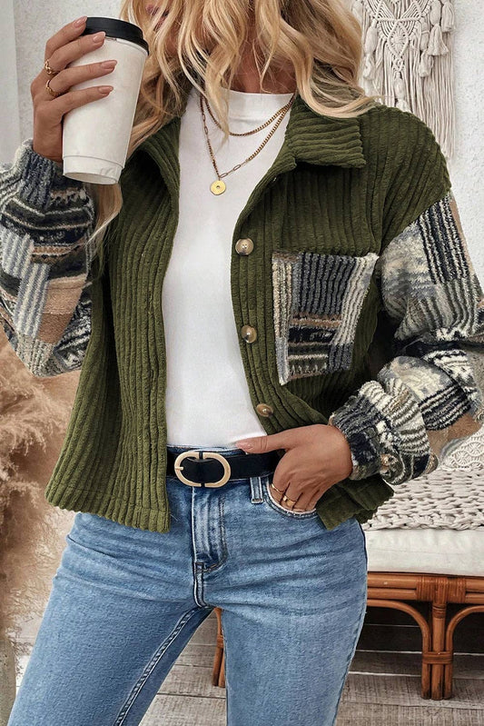 Olived Ribbed Fleece Plaid Print Button Up Jacket