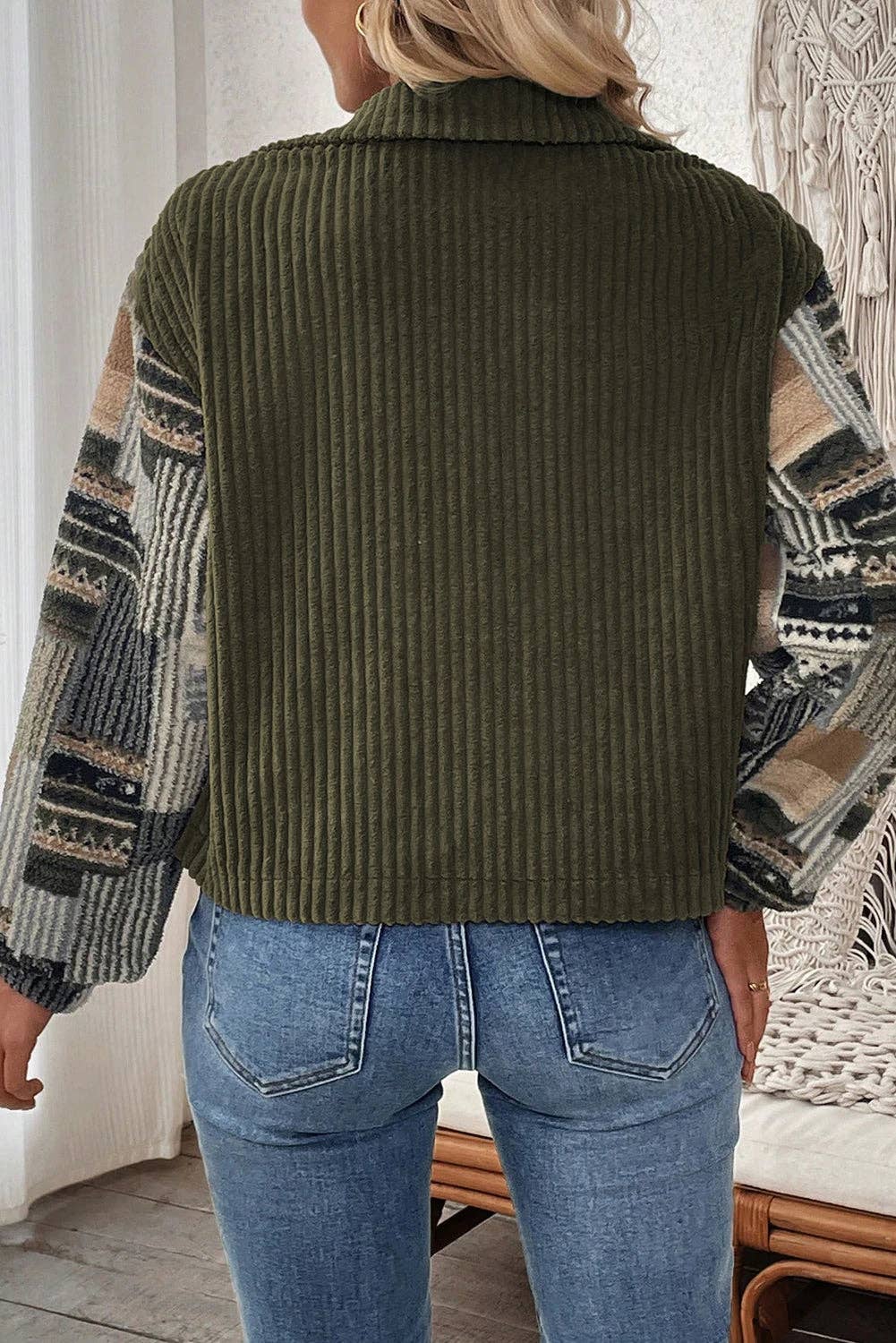 Olived Ribbed Fleece Plaid Print Button Up Jacket
