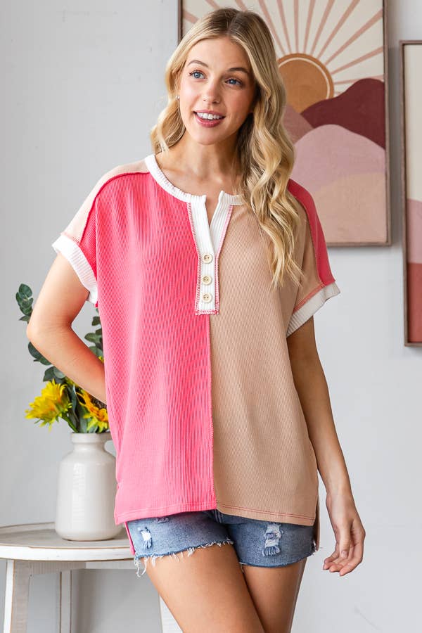 Ribbed Color Block Button Tee